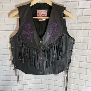 Addis VTG Black Leather Rose/Fringe Vest S…